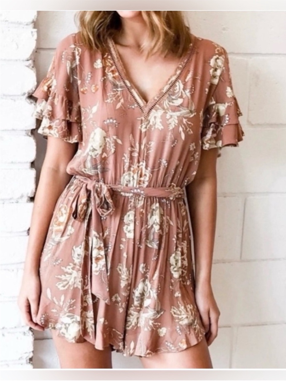 Spell Dusty Rose Floral V-Neck Ruffle Sleeve romper